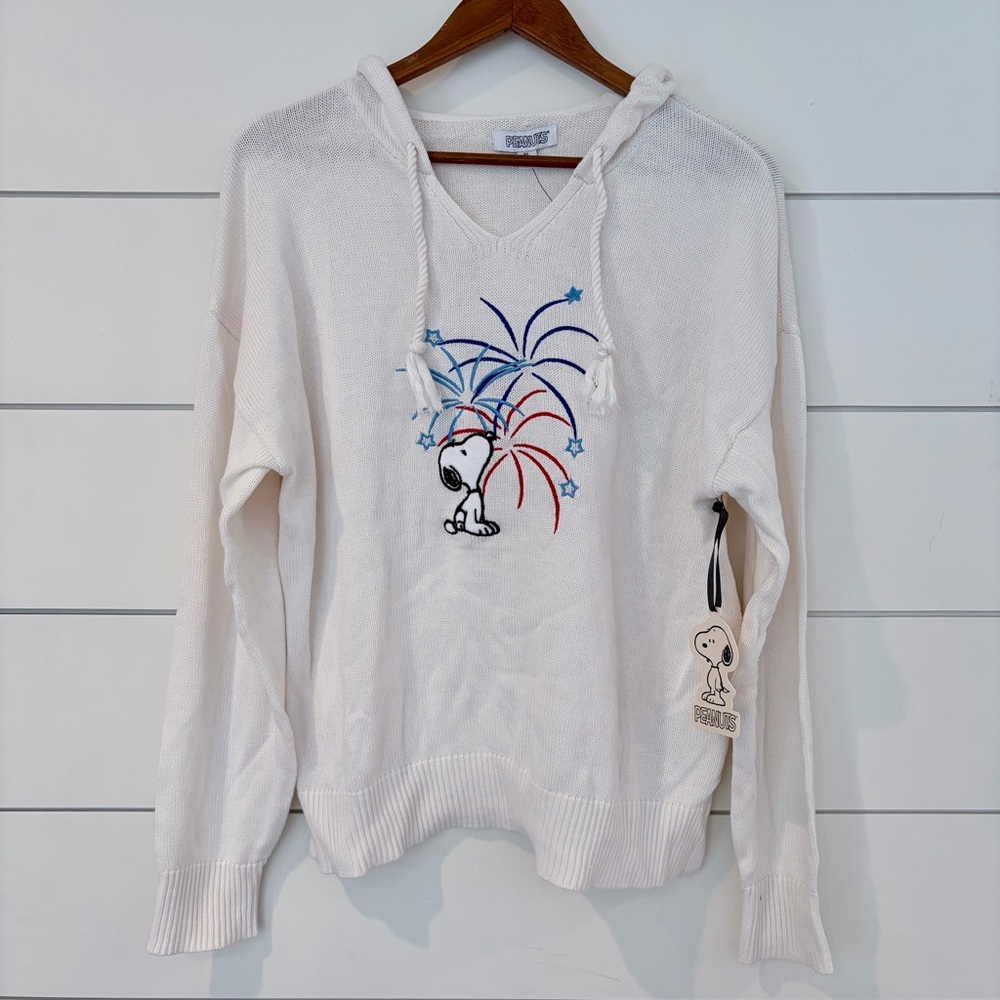 Peanuts Snoopy Fireworks Hoodie Sweater XL White Patriotic Knit USA Embroidery
